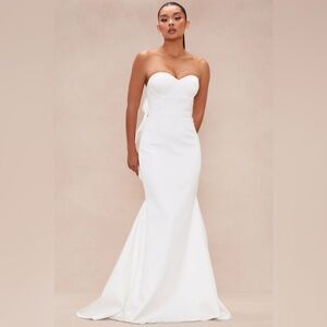 NWT Fashion Nova Aviana Satin Bow Gown Size S White Strapless Maxi Wedding